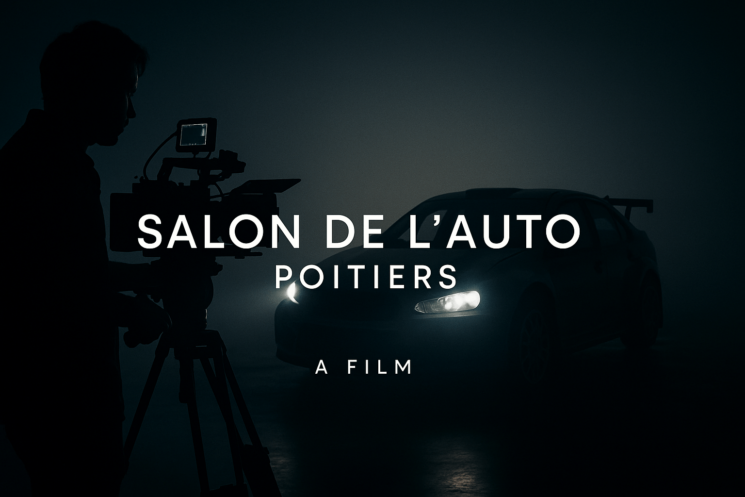 Affiche cinématographique du Salon de l’Auto Poitiers 2025, avec une voiture de rallye sur fond sombre et élégant, style film promotionnel.